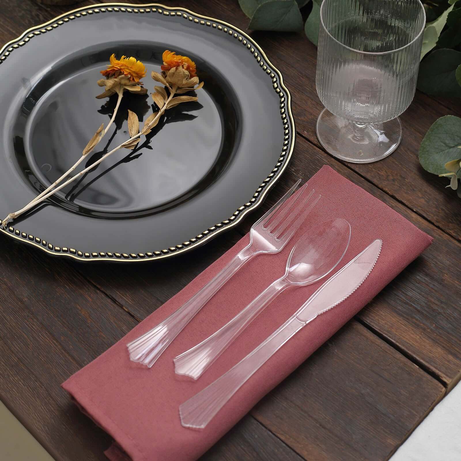 24 - Pack Plastic Silverware Set with Fan Flared Tip Handle Clear - Heavy Duty Disposable Utensils 7" - Linen Luxes