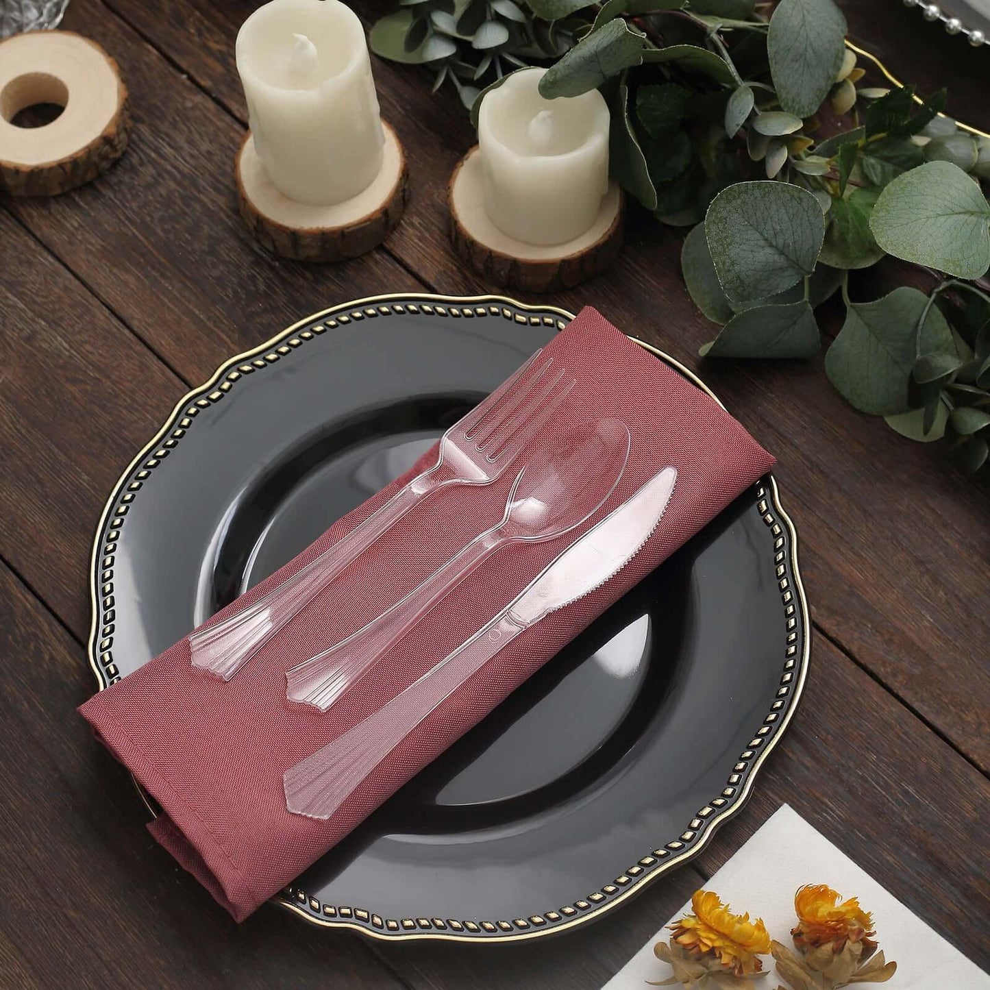 24 - Pack Plastic Silverware Set with Fan Flared Tip Handle Clear - Heavy Duty Disposable Utensils 7" - Linen Luxes