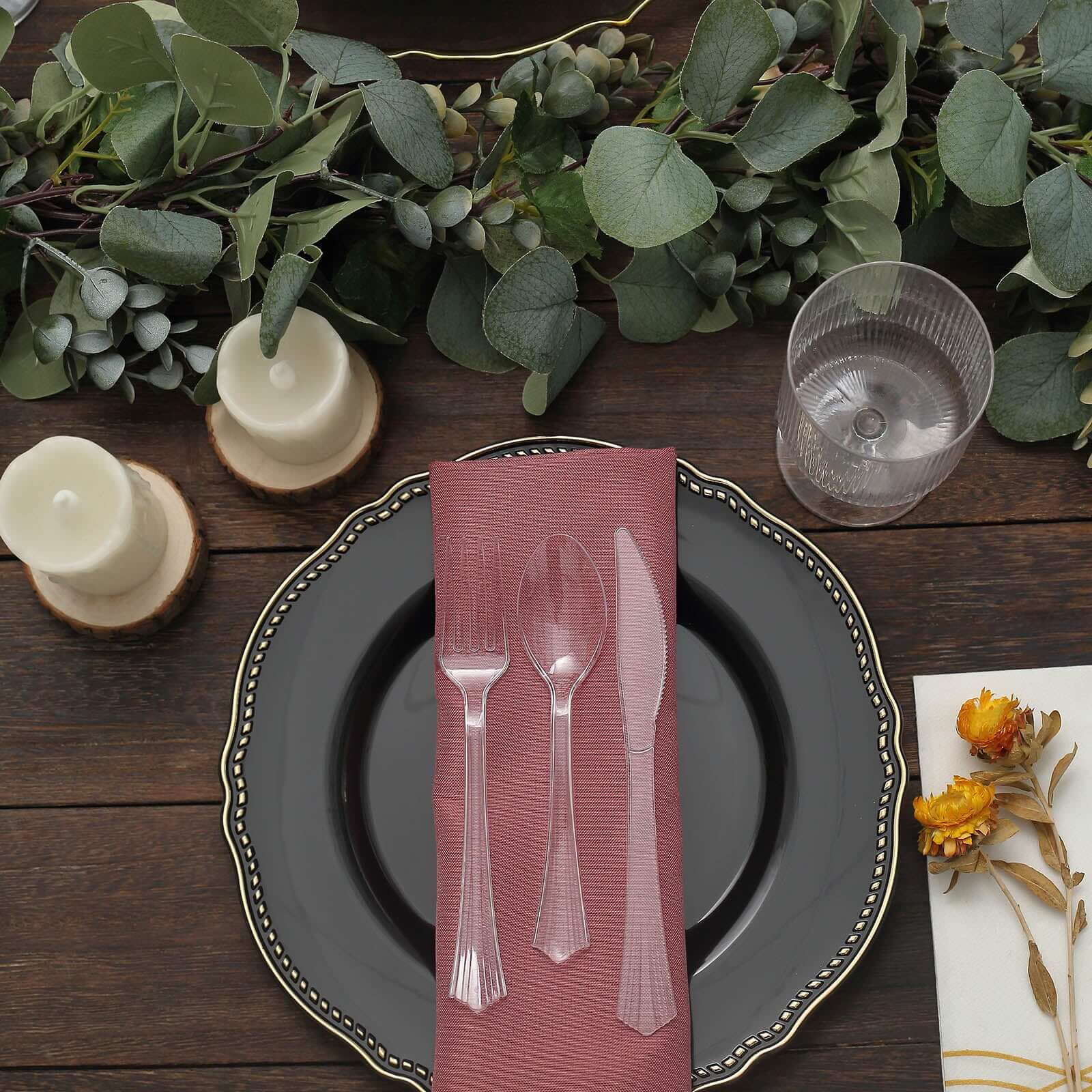 24 - Pack Plastic Silverware Set with Fan Flared Tip Handle Clear - Heavy Duty Disposable Utensils 7" - Linen Luxes