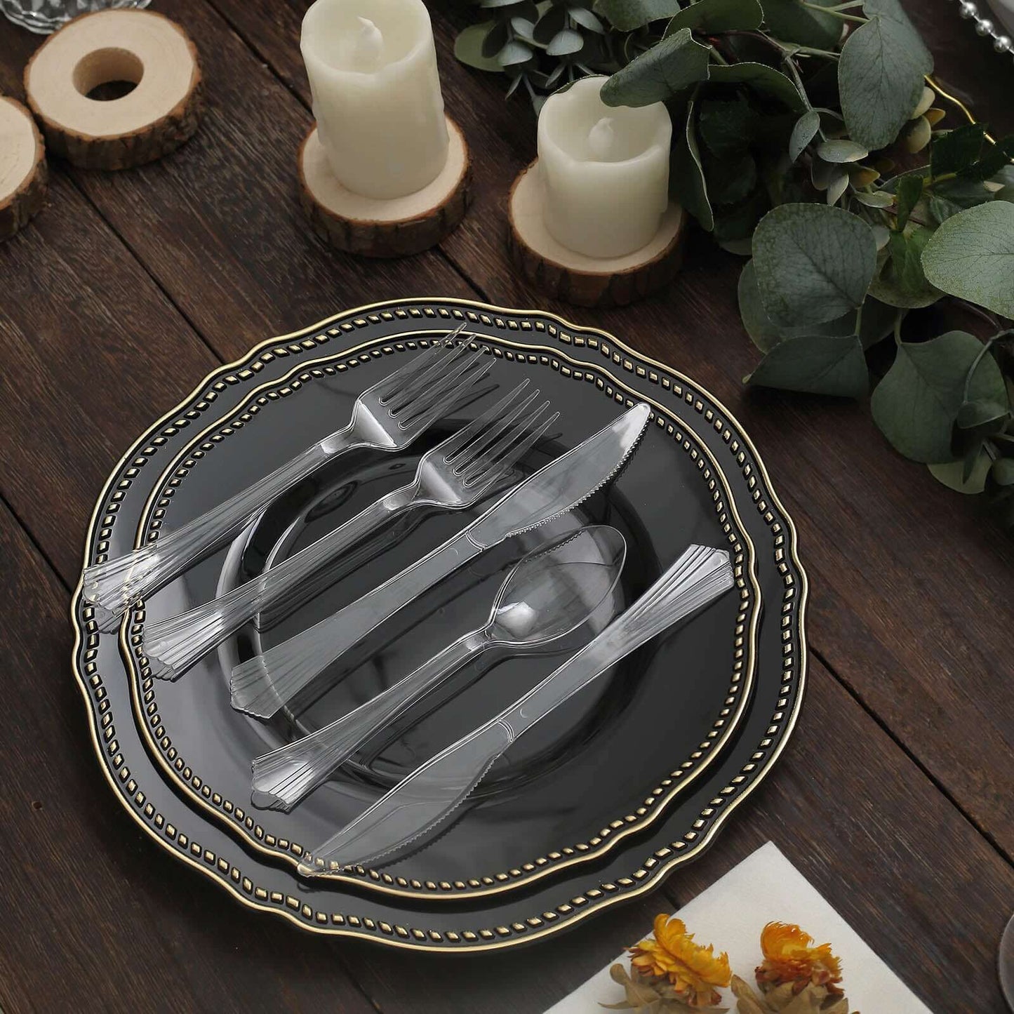 24 - Pack Plastic Silverware Set with Fan Flared Tip Handle Clear - Heavy Duty Disposable Utensils 7" - Linen Luxes