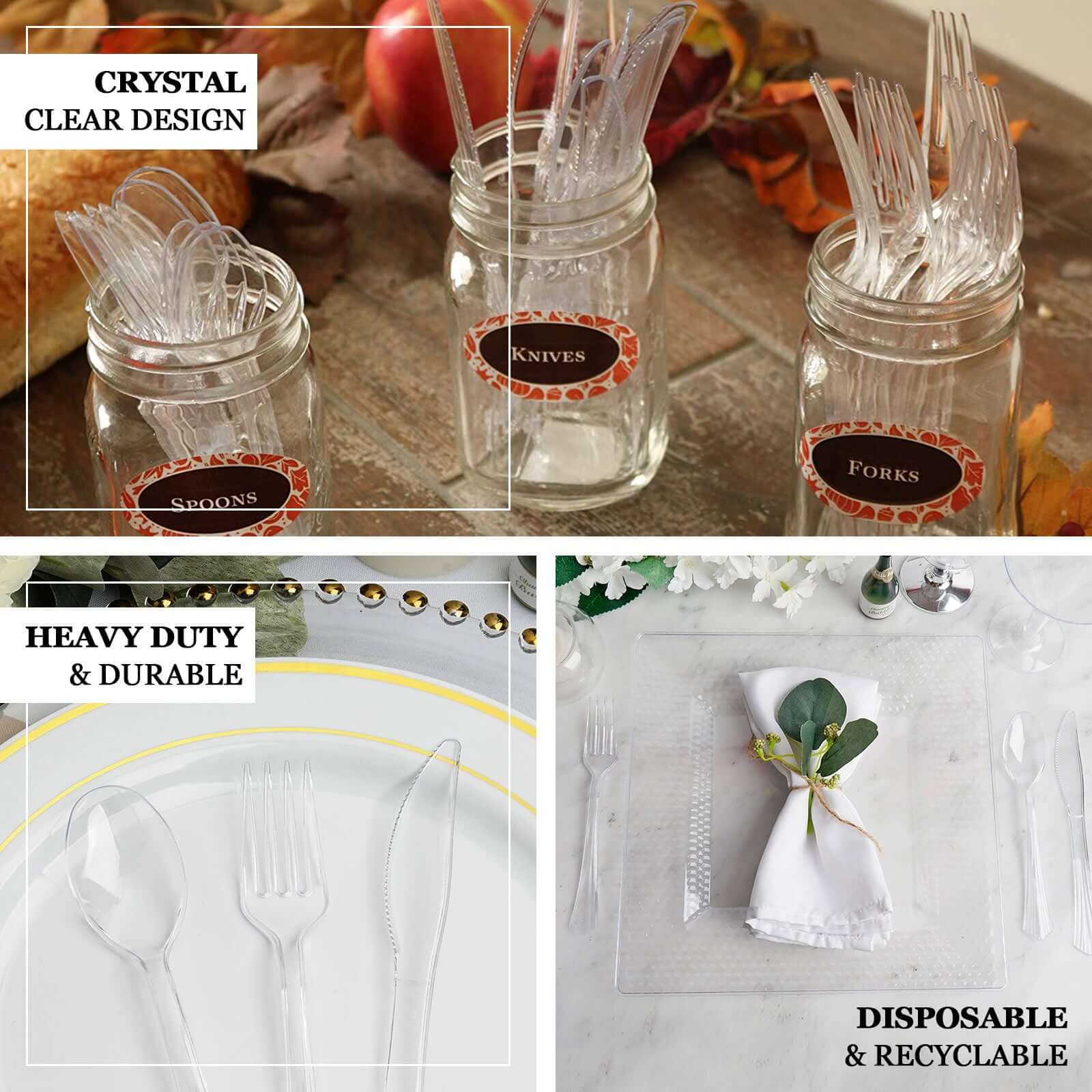 24 - Pack Plastic Silverware Set with Fan Flared Tip Handle Clear - Heavy Duty Disposable Utensils 7" - Linen Luxes