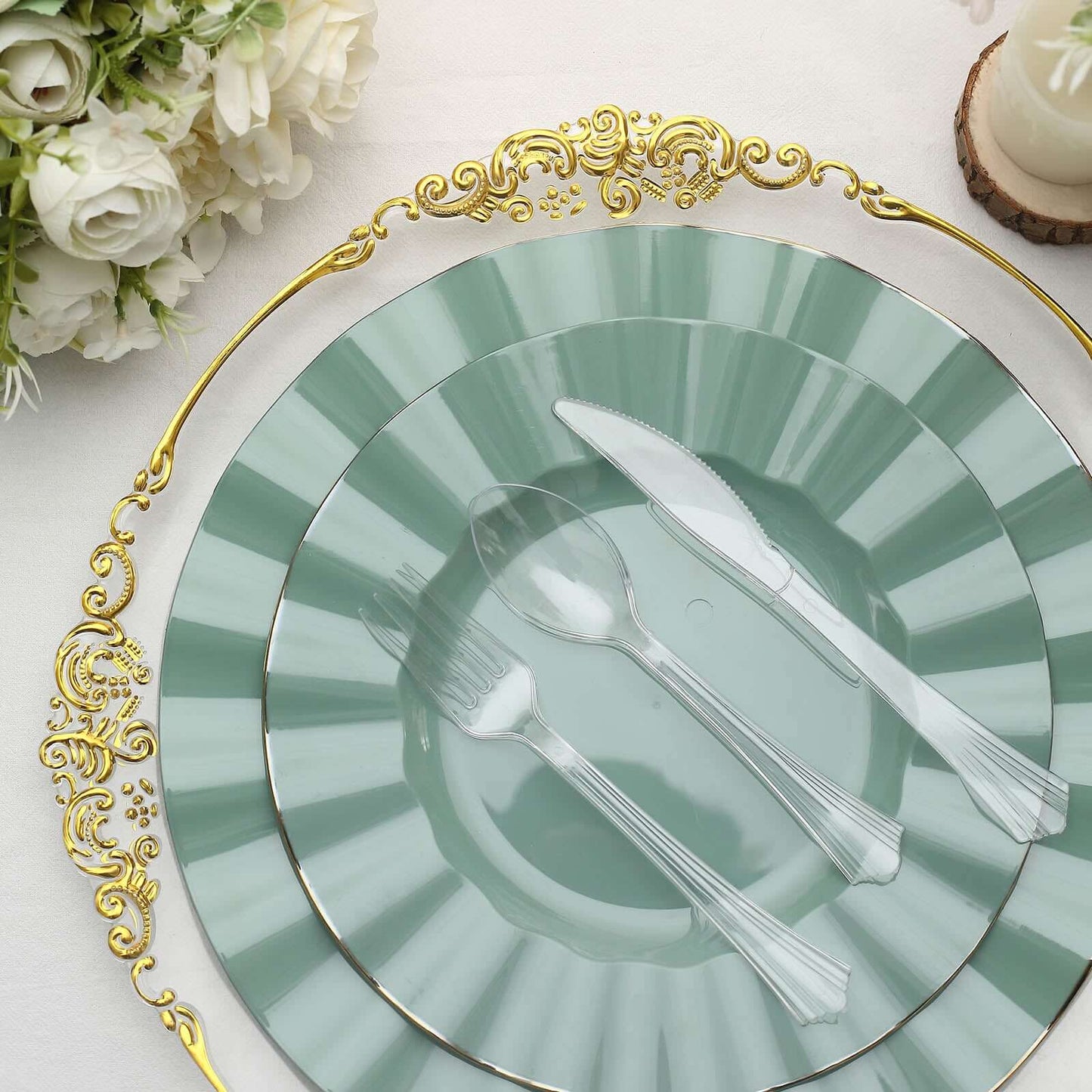 24 - Pack Plastic Silverware Set with Fan Flared Tip Handle Clear - Heavy Duty Disposable Utensils 7" - Linen Luxes