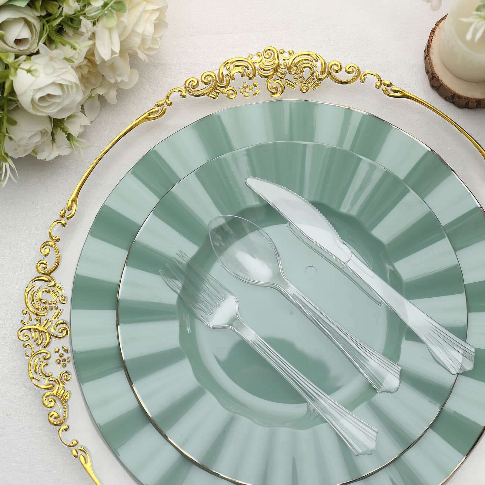 24 - Pack Plastic Silverware Set with Fan Flared Tip Handle Clear - Heavy Duty Disposable Utensils 7" - Linen Luxes