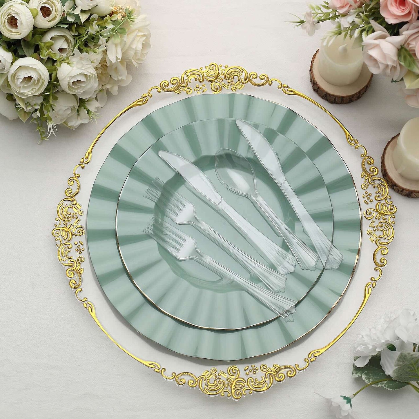 24 - Pack Plastic Silverware Set with Fan Flared Tip Handle Clear - Heavy Duty Disposable Utensils 7" - Linen Luxes