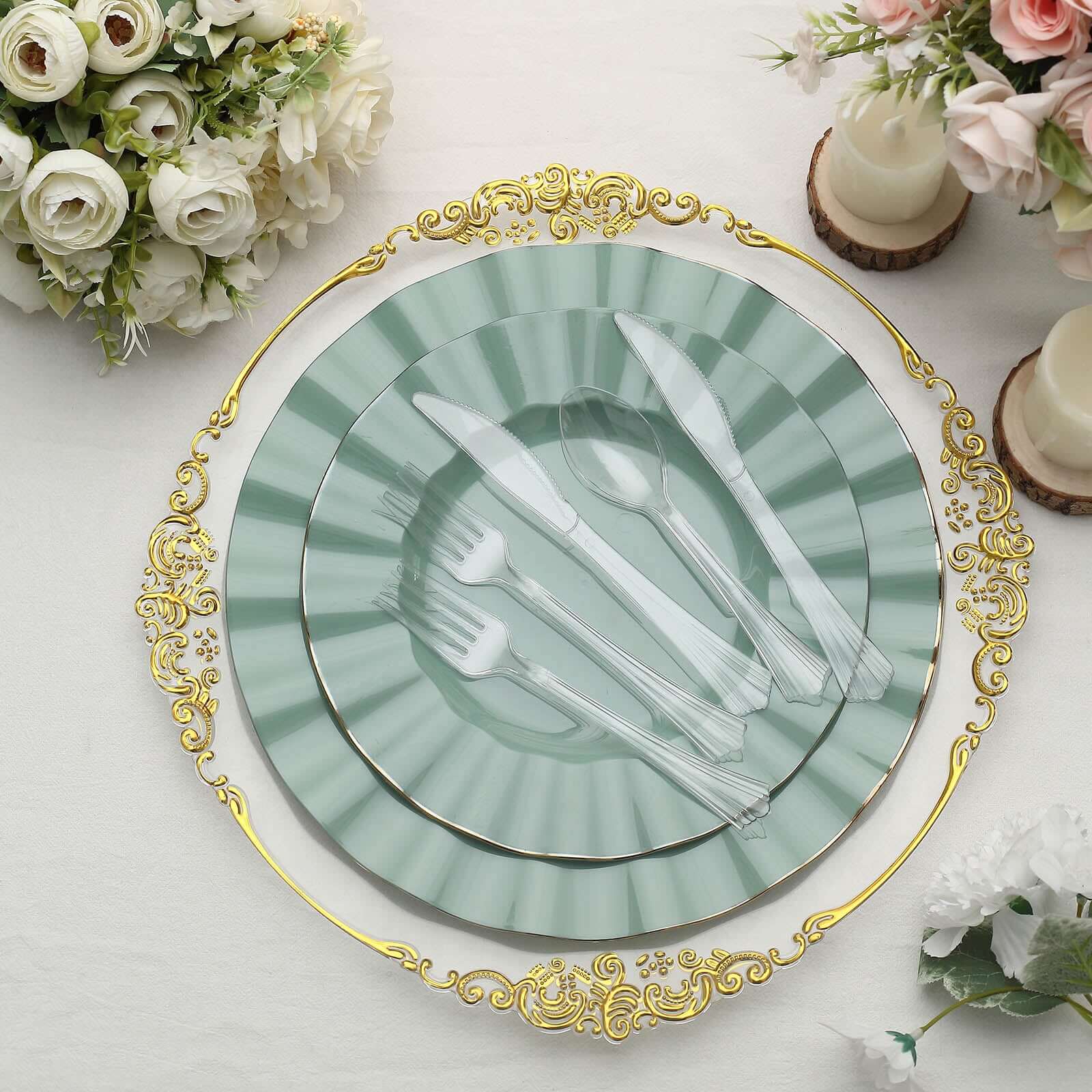 24 - Pack Plastic Silverware Set with Fan Flared Tip Handle Clear - Heavy Duty Disposable Utensils 7" - Linen Luxes