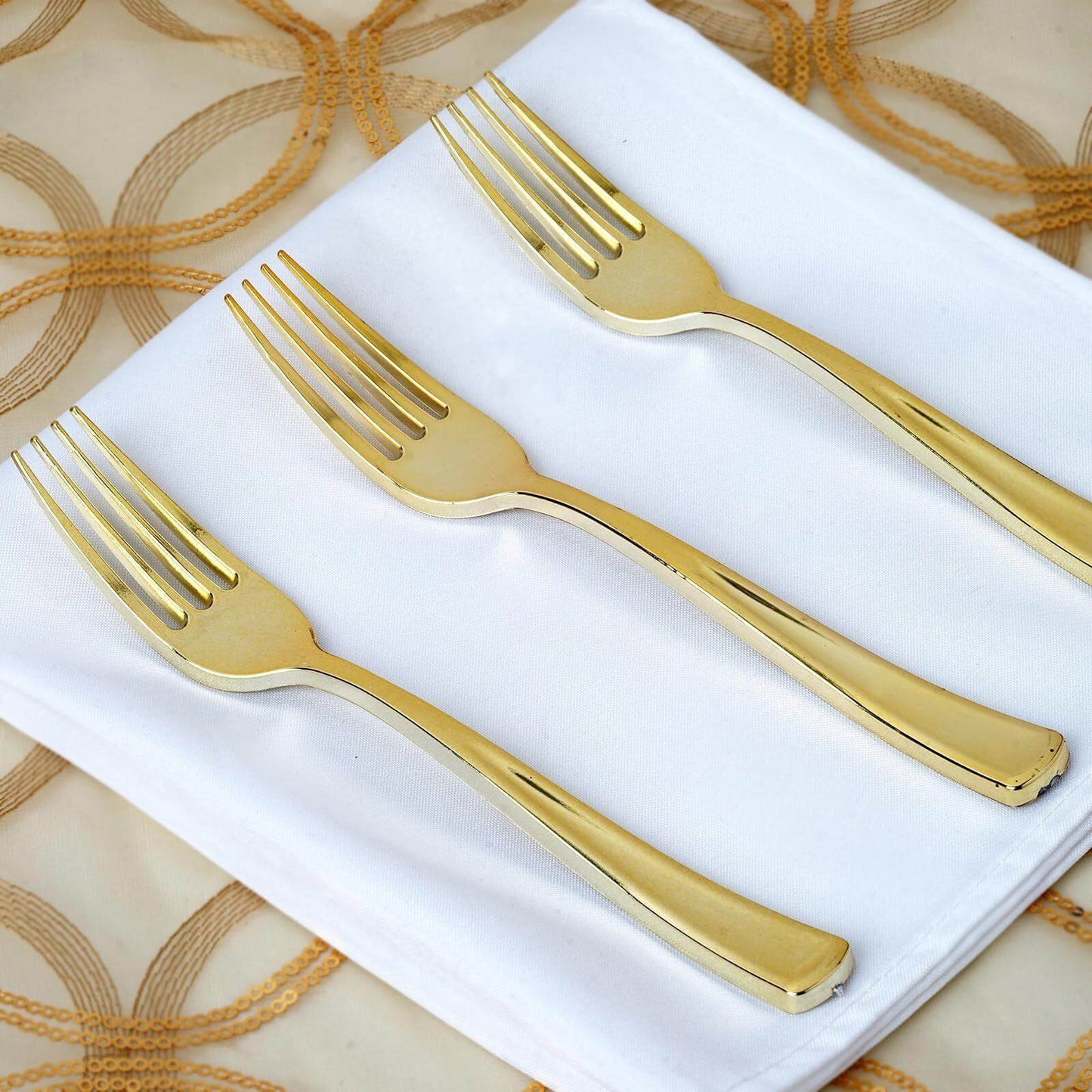 24 - Pack Plastic Utensil Set Metallic Gold Classic Heavy Duty - Decorative Disposable Tableware 7", 8" - Linen Luxes