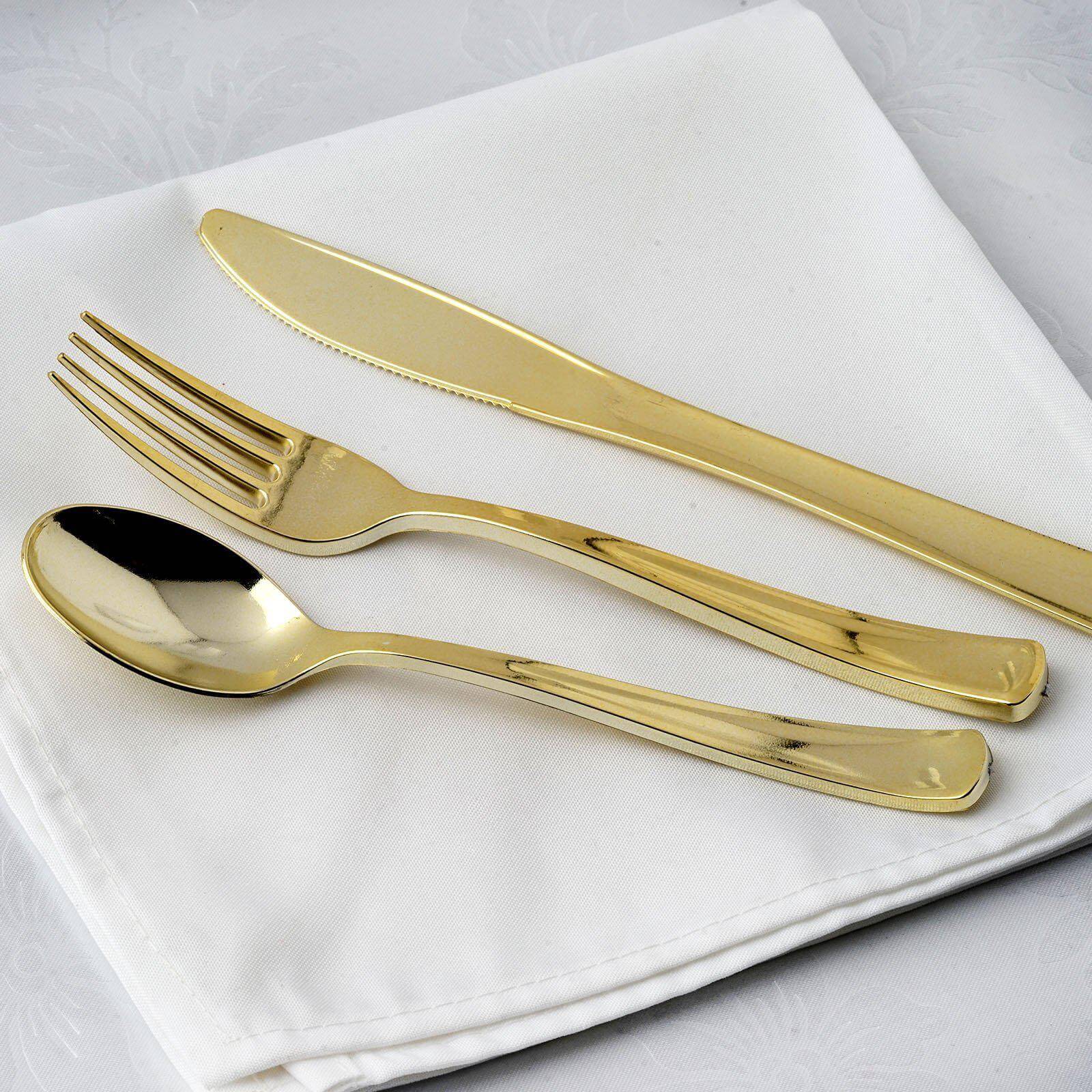 24 - Pack Plastic Utensil Set Metallic Gold Classic Heavy Duty - Decorative Disposable Tableware 7", 8" - Linen Luxes