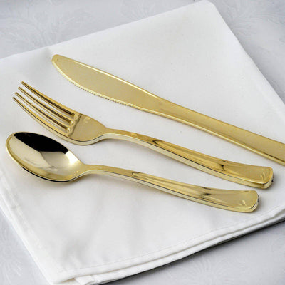 24 - Pack Plastic Utensil Set Metallic Gold Classic Heavy Duty - Decorative Disposable Tableware 7", 8" - Linen Luxes
