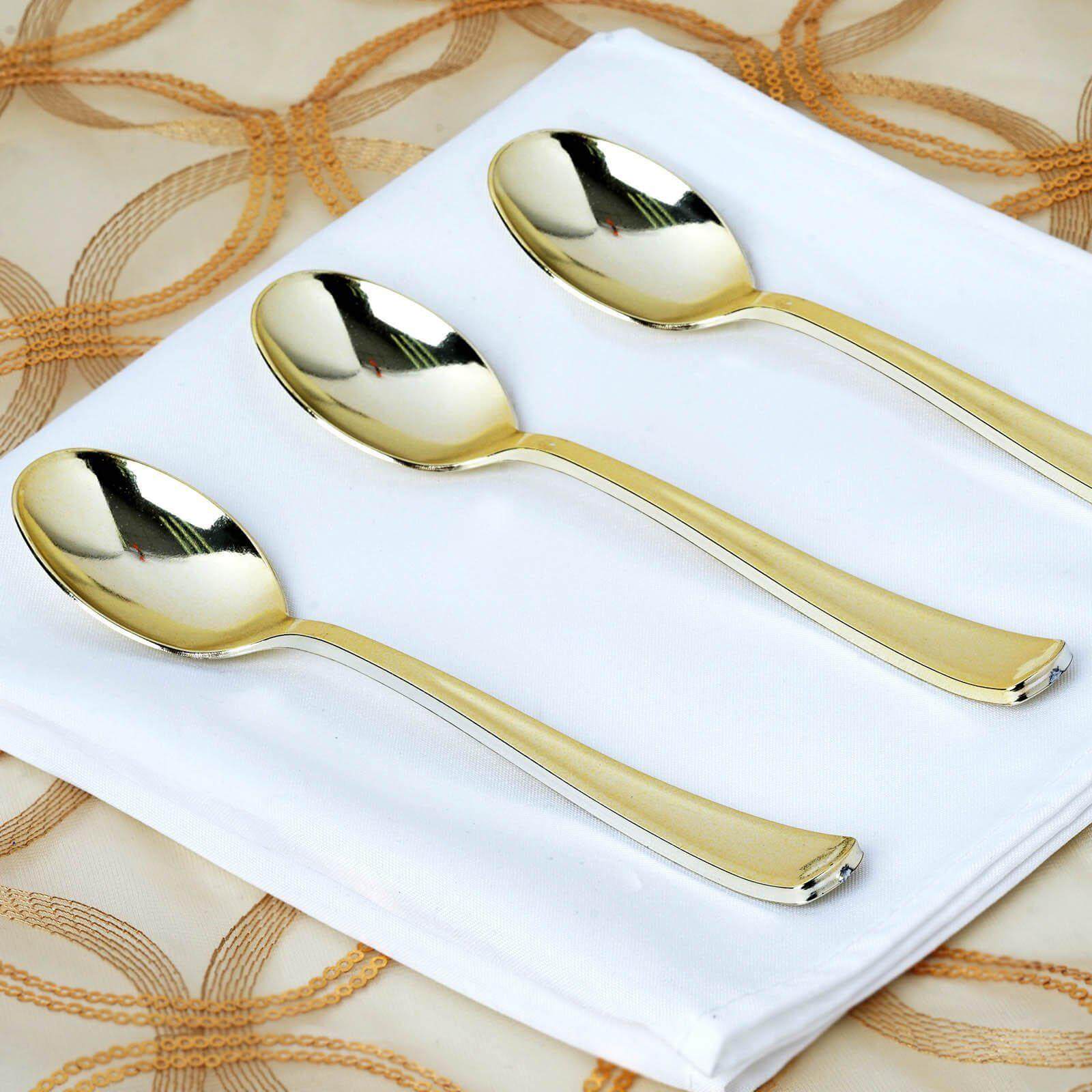 24 - Pack Plastic Utensil Set Metallic Gold Classic Heavy Duty - Decorative Disposable Tableware 7", 8" - Linen Luxes