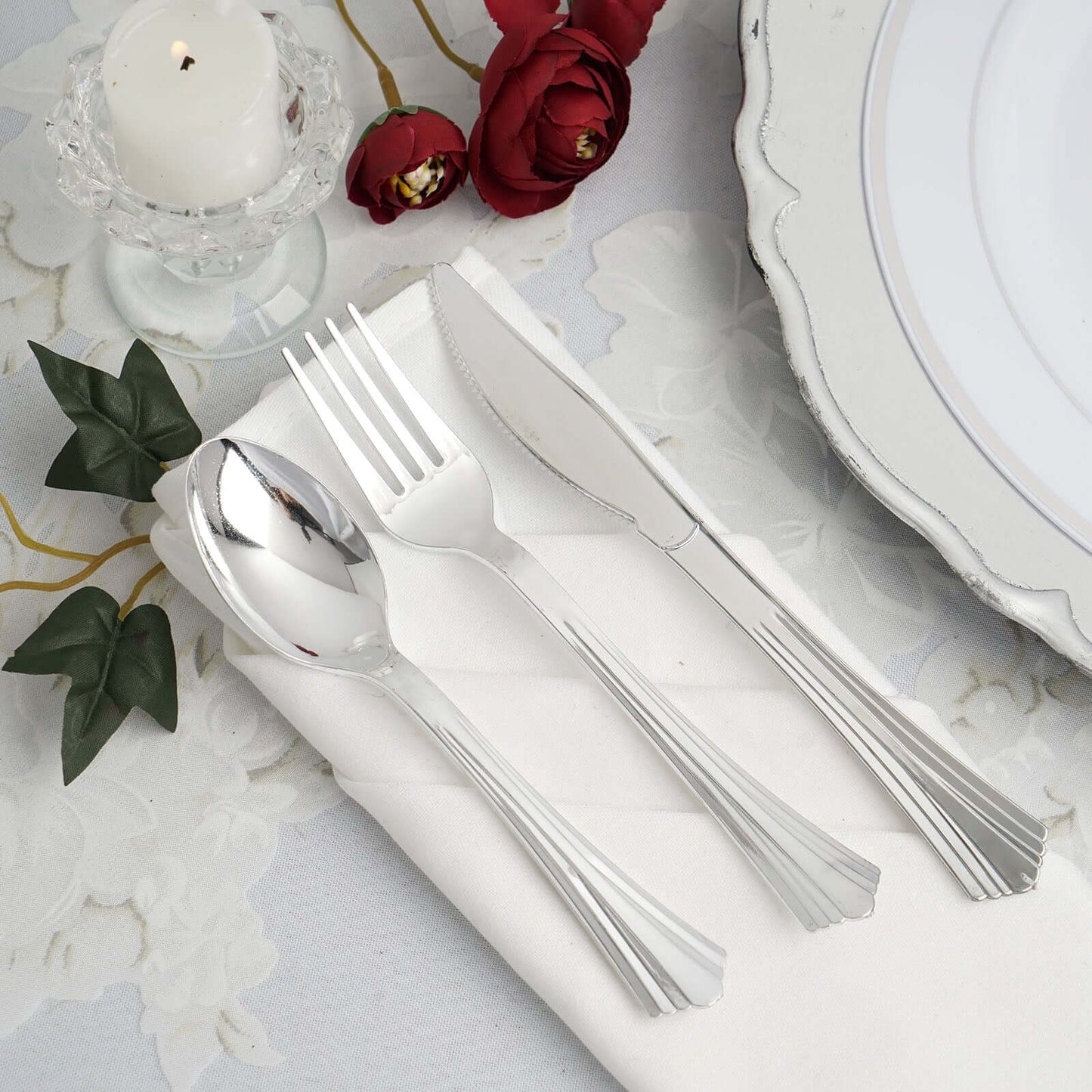 24 - Pack Plastic Utensil Set Silver Heavy Duty with Fluted Handles - Durable Disposable Silverware 6", 7" - Linen Luxes