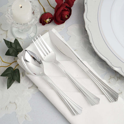 24 - Pack Plastic Utensil Set Silver Heavy Duty with Fluted Handles - Durable Disposable Silverware 6", 7" - Linen Luxes