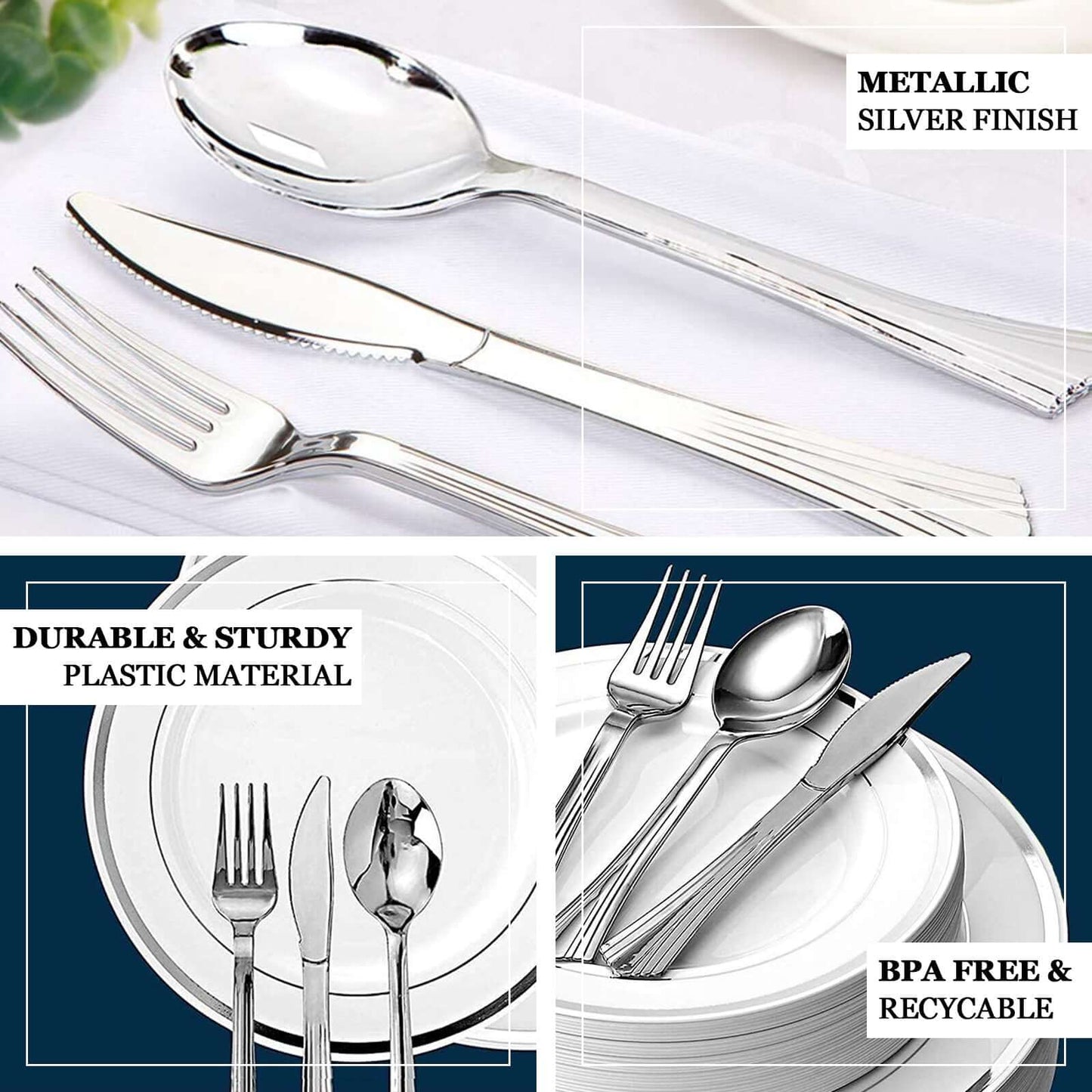 24 - Pack Plastic Utensil Set Silver Heavy Duty with Fluted Handles - Durable Disposable Silverware 6", 7" - Linen Luxes