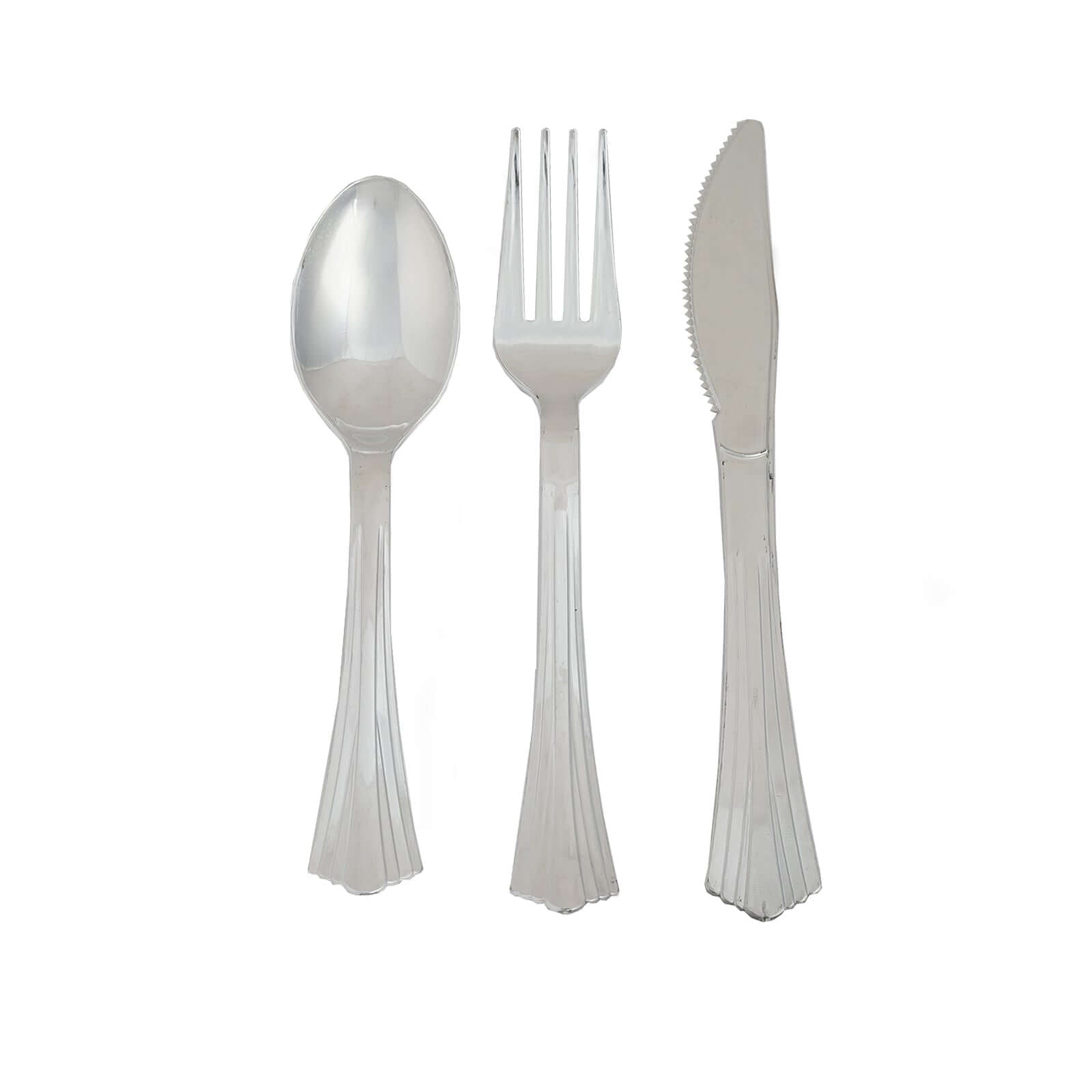 24 - Pack Plastic Utensil Set Silver Heavy Duty with Fluted Handles - Durable Disposable Silverware 6", 7" - Linen Luxes