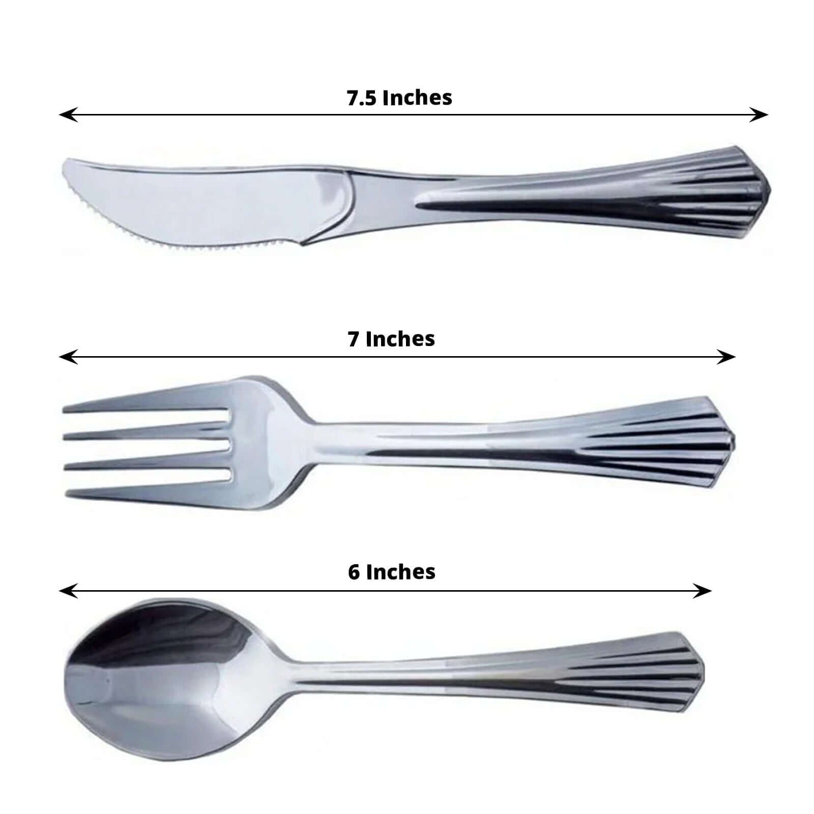 24 - Pack Plastic Utensil Set Silver Heavy Duty with Fluted Handles - Durable Disposable Silverware 6", 7" - Linen Luxes