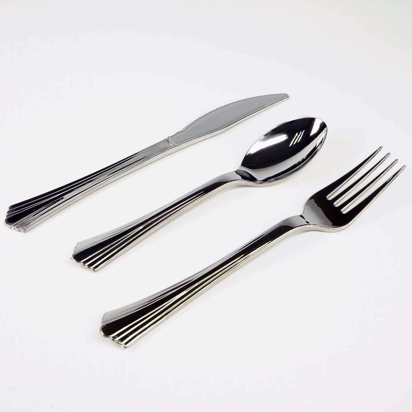 24 - Pack Plastic Utensil Set Silver Heavy Duty with Fluted Handles - Durable Disposable Silverware 6", 7" - Linen Luxes