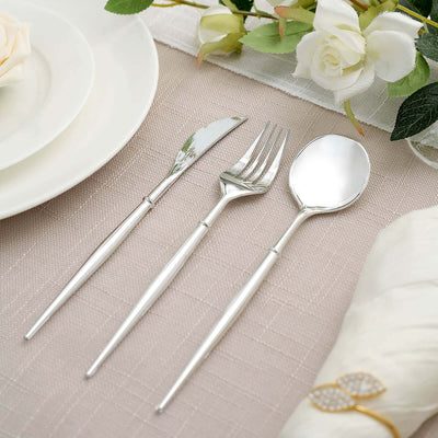 24-Pack Plastic Flatware Set in Silver - Heavy Duty Disposable Modern Silverware 8"