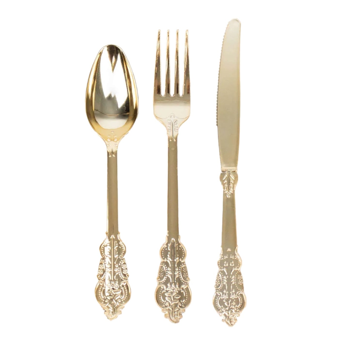 24 Pcs Plastic Silverware Set in Baroque Style Metallic Gold - Heavy Duty Disposable Knife, Fork, and Spoon Set - Linen Luxes