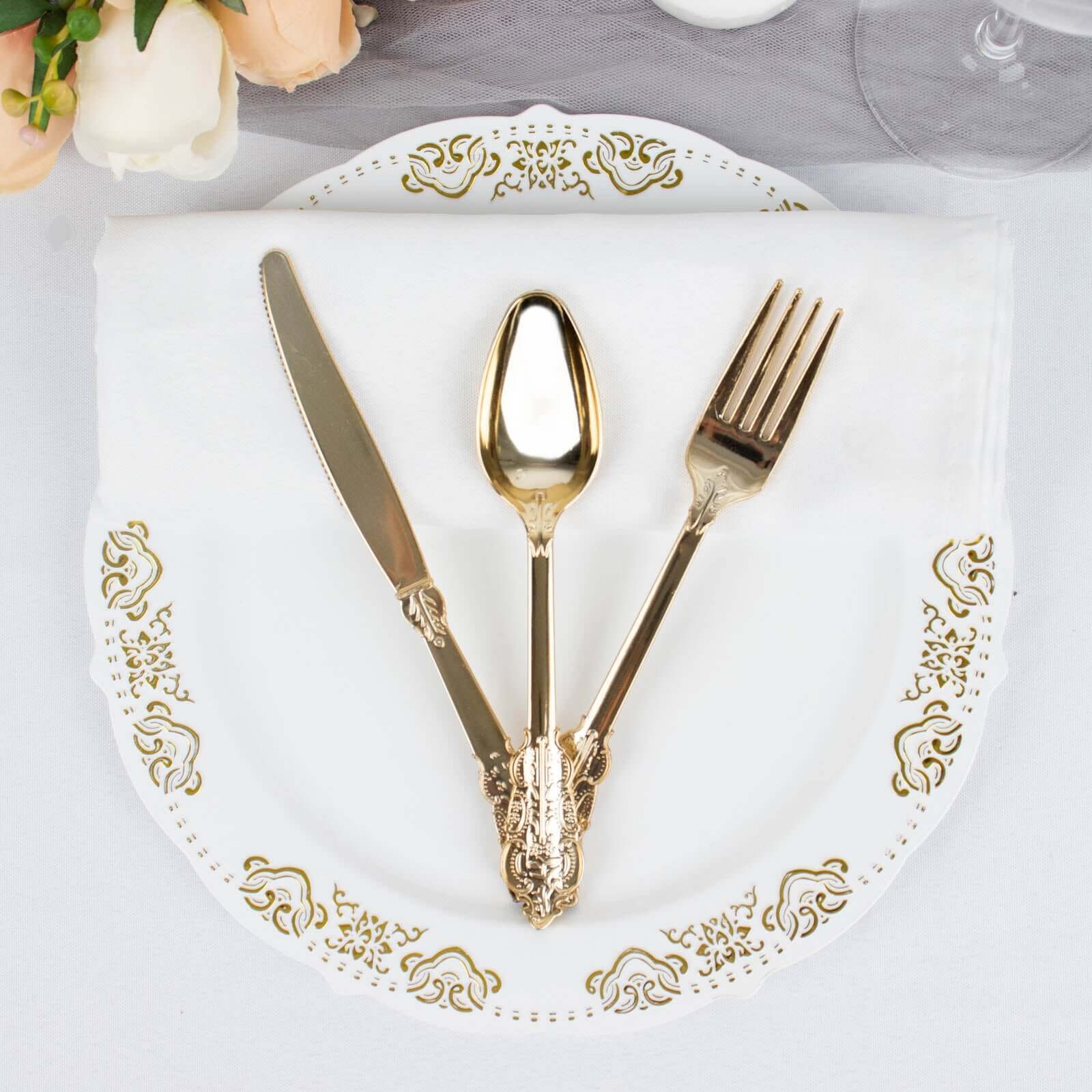 24 Pcs Plastic Silverware Set in Baroque Style Metallic Gold - Heavy Duty Disposable Knife, Fork, and Spoon Set - Linen Luxes