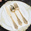 24 Pcs Plastic Silverware Set in Baroque Style Metallic Gold - Heavy Duty Disposable Knife, Fork, and Spoon Set - Linen Luxes