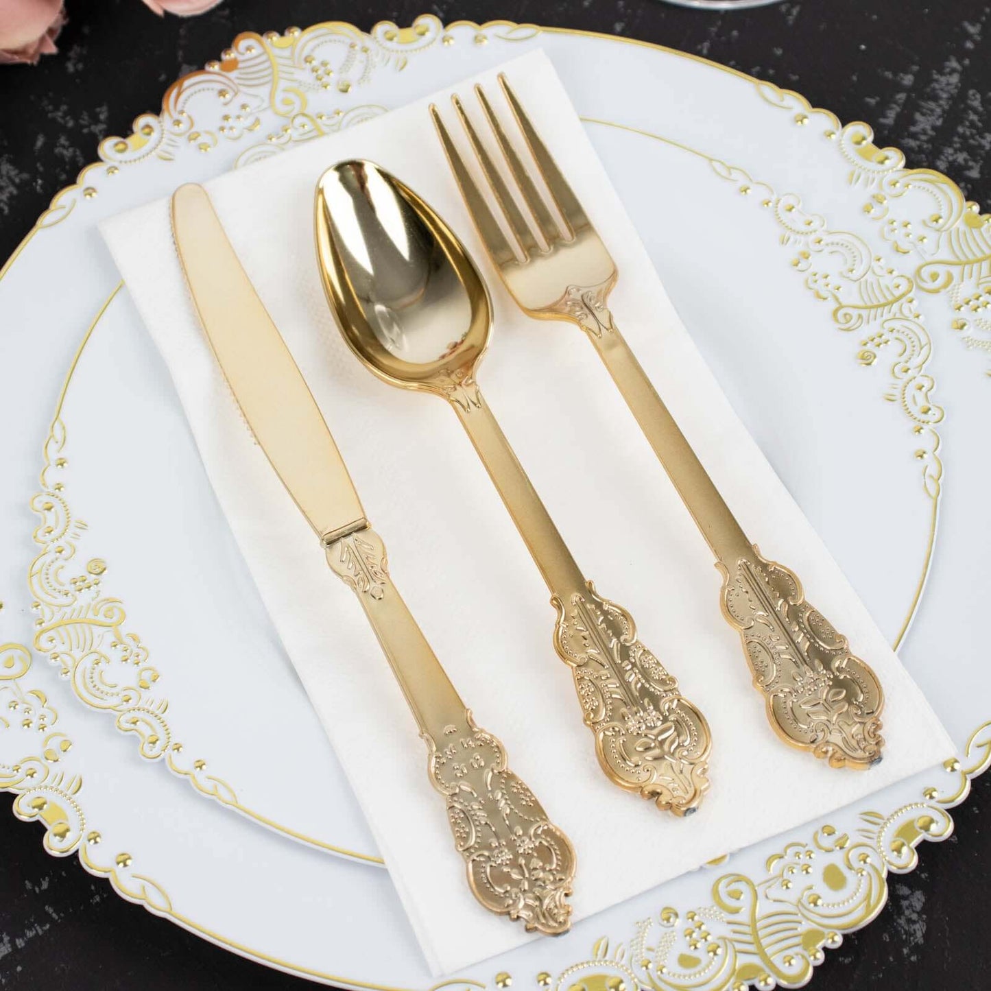 24 Pcs Plastic Silverware Set in Baroque Style Metallic Gold - Heavy Duty Disposable Knife, Fork, and Spoon Set - Linen Luxes