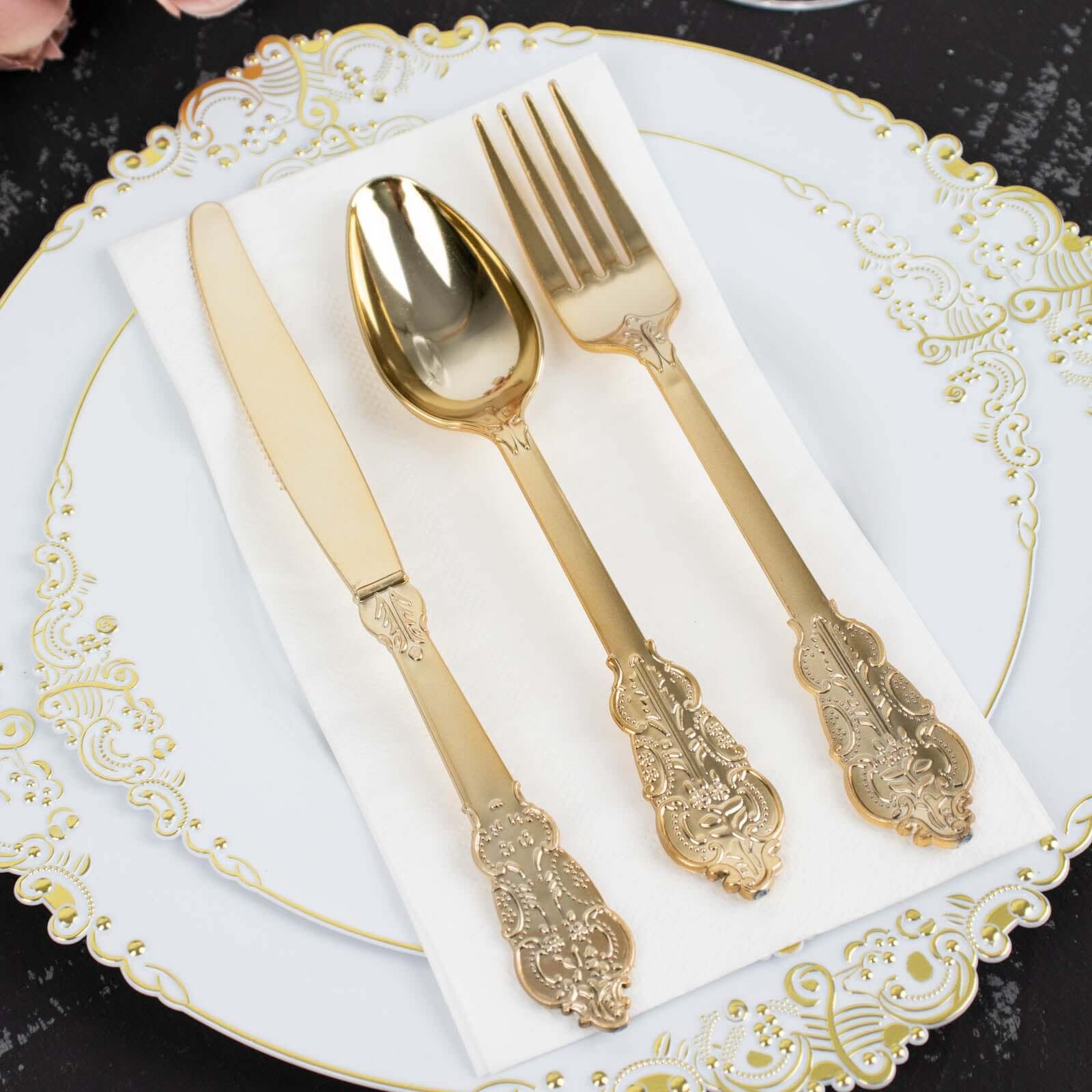 24 Pcs Plastic Silverware Set in Baroque Style Metallic Gold - Heavy Duty Disposable Knife, Fork, and Spoon Set - Linen Luxes