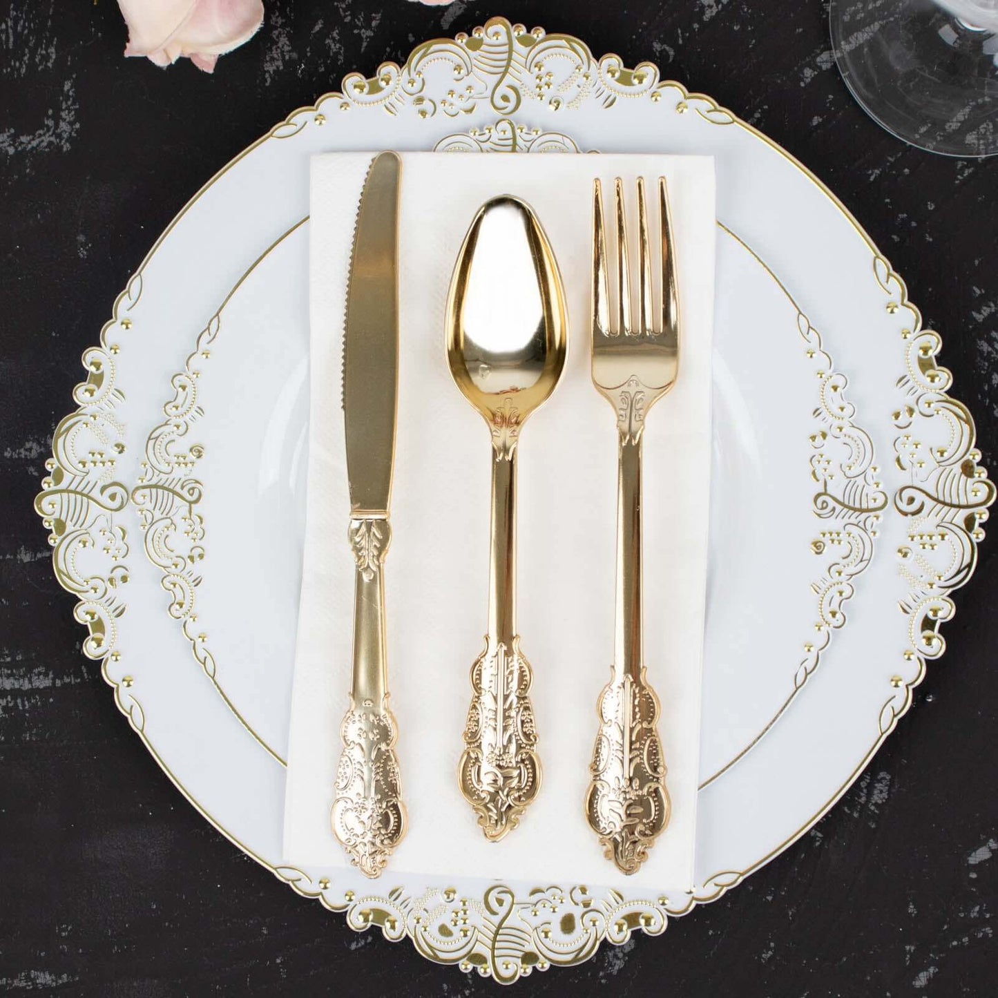 24 Pcs Plastic Silverware Set in Baroque Style Metallic Gold - Heavy Duty Disposable Knife, Fork, and Spoon Set - Linen Luxes