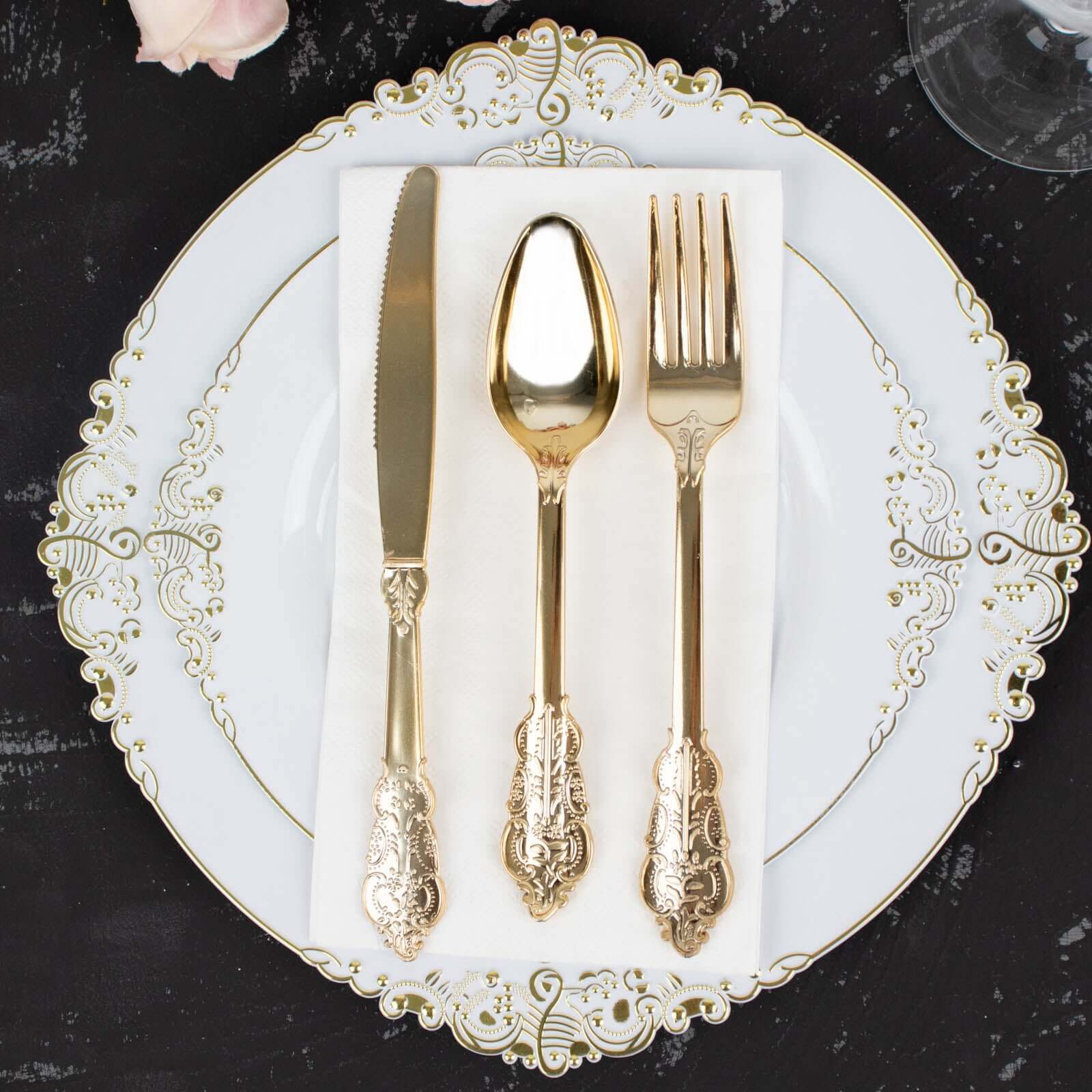 24 Pcs Plastic Silverware Set in Baroque Style Metallic Gold - Heavy Duty Disposable Knife, Fork, and Spoon Set - Linen Luxes