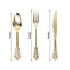 24 Pcs Plastic Silverware Set in Baroque Style Metallic Gold - Heavy Duty Disposable Knife, Fork, and Spoon Set - Linen Luxes