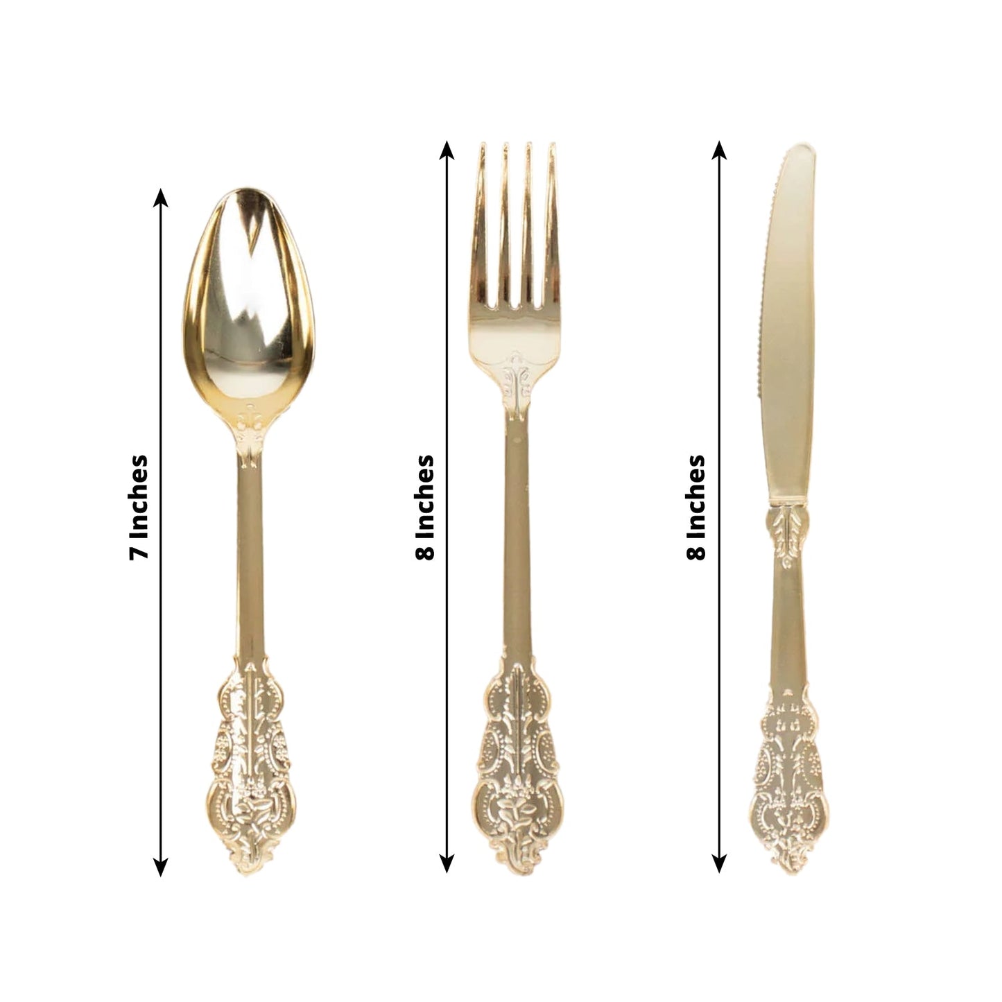 24 Pcs Plastic Silverware Set in Baroque Style Metallic Gold - Heavy Duty Disposable Knife, Fork, and Spoon Set - Linen Luxes