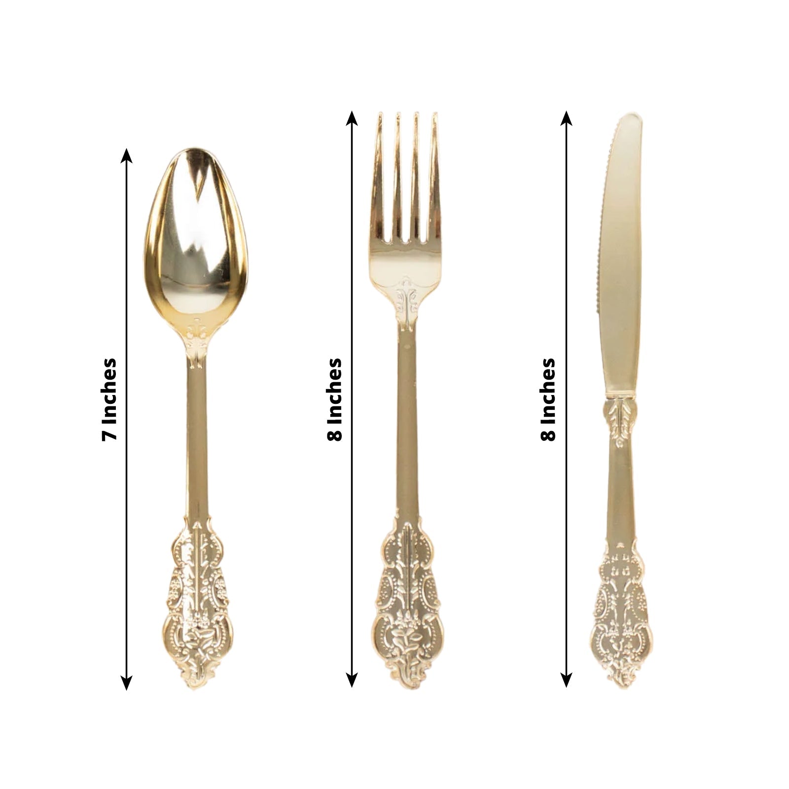 24 Pcs Plastic Silverware Set in Baroque Style Metallic Gold - Heavy Duty Disposable Knife, Fork, and Spoon Set - Linen Luxes