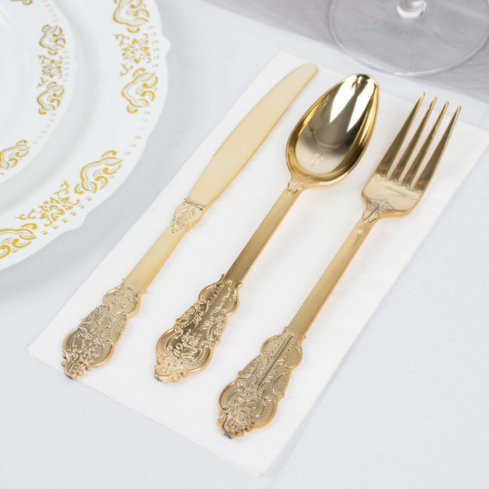 24 Pcs Plastic Silverware Set in Baroque Style Metallic Gold - Heavy Duty Disposable Knife, Fork, and Spoon Set - Linen Luxes
