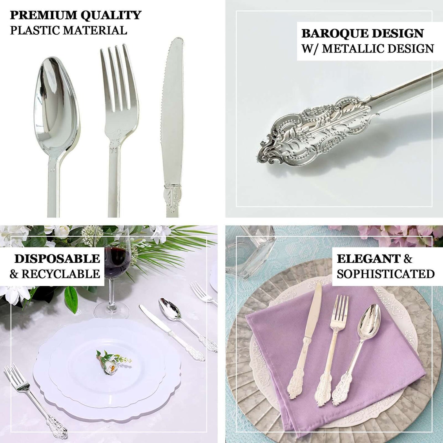 24 Pcs Plastic Silverware Set in Baroque Style Metallic Silver - Heavy Duty Disposable Knife, Fork, and Spoon Set - Linen Luxes