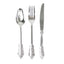 24 Pcs Plastic Silverware Set in Baroque Style Metallic Silver - Heavy Duty Disposable Knife, Fork, and Spoon Set - Linen Luxes