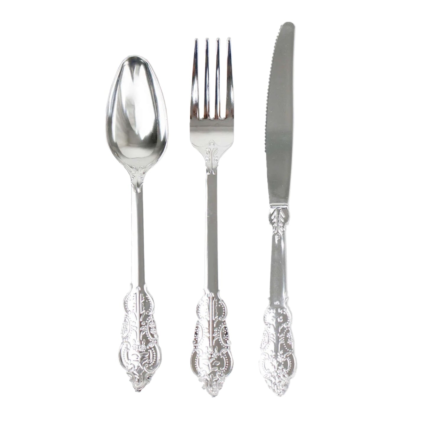 24 Pcs Plastic Silverware Set in Baroque Style Metallic Silver - Heavy Duty Disposable Knife, Fork, and Spoon Set - Linen Luxes