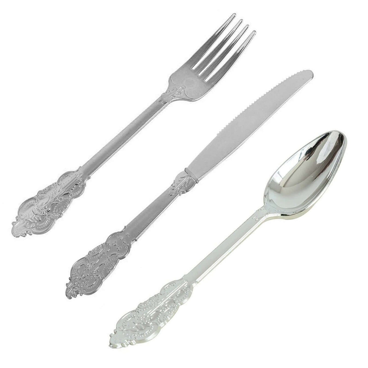24 Pcs Plastic Silverware Set in Baroque Style Metallic Silver - Heavy Duty Disposable Knife, Fork, and Spoon Set - Linen Luxes