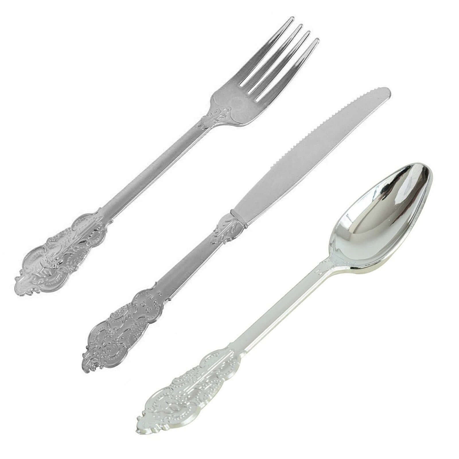 24 Pcs Plastic Silverware Set in Baroque Style Metallic Silver - Heavy Duty Disposable Knife, Fork, and Spoon Set - Linen Luxes