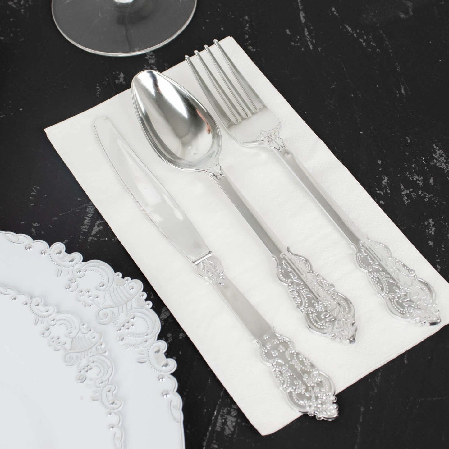 24 Pcs Plastic Silverware Set in Baroque Style Metallic Silver - Heavy Duty Disposable Knife, Fork, and Spoon Set - Linen Luxes