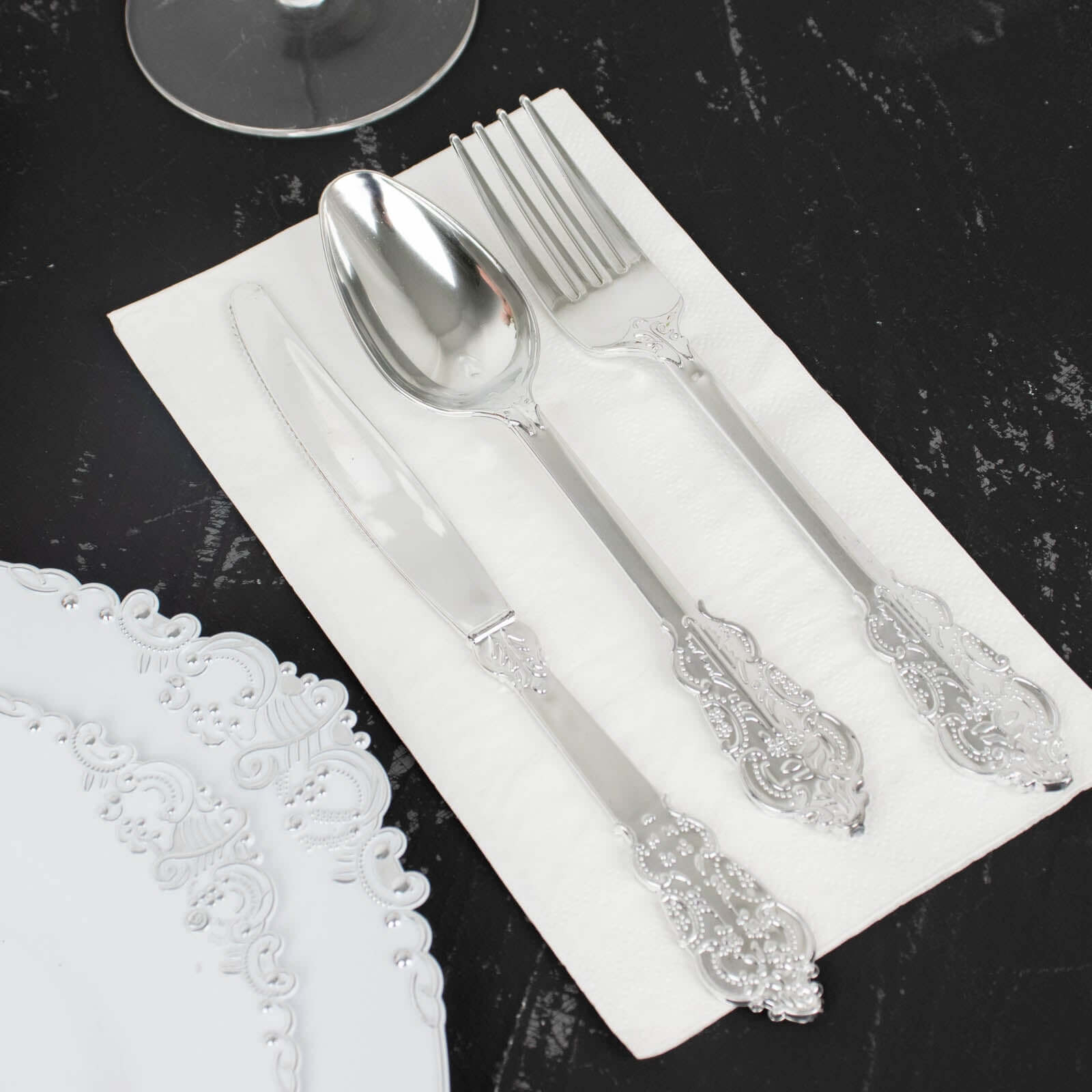 24 Pcs Plastic Silverware Set in Baroque Style Metallic Silver - Heavy Duty Disposable Knife, Fork, and Spoon Set - Linen Luxes
