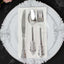 24 Pcs Plastic Silverware Set in Baroque Style Metallic Silver - Heavy Duty Disposable Knife, Fork, and Spoon Set - Linen Luxes