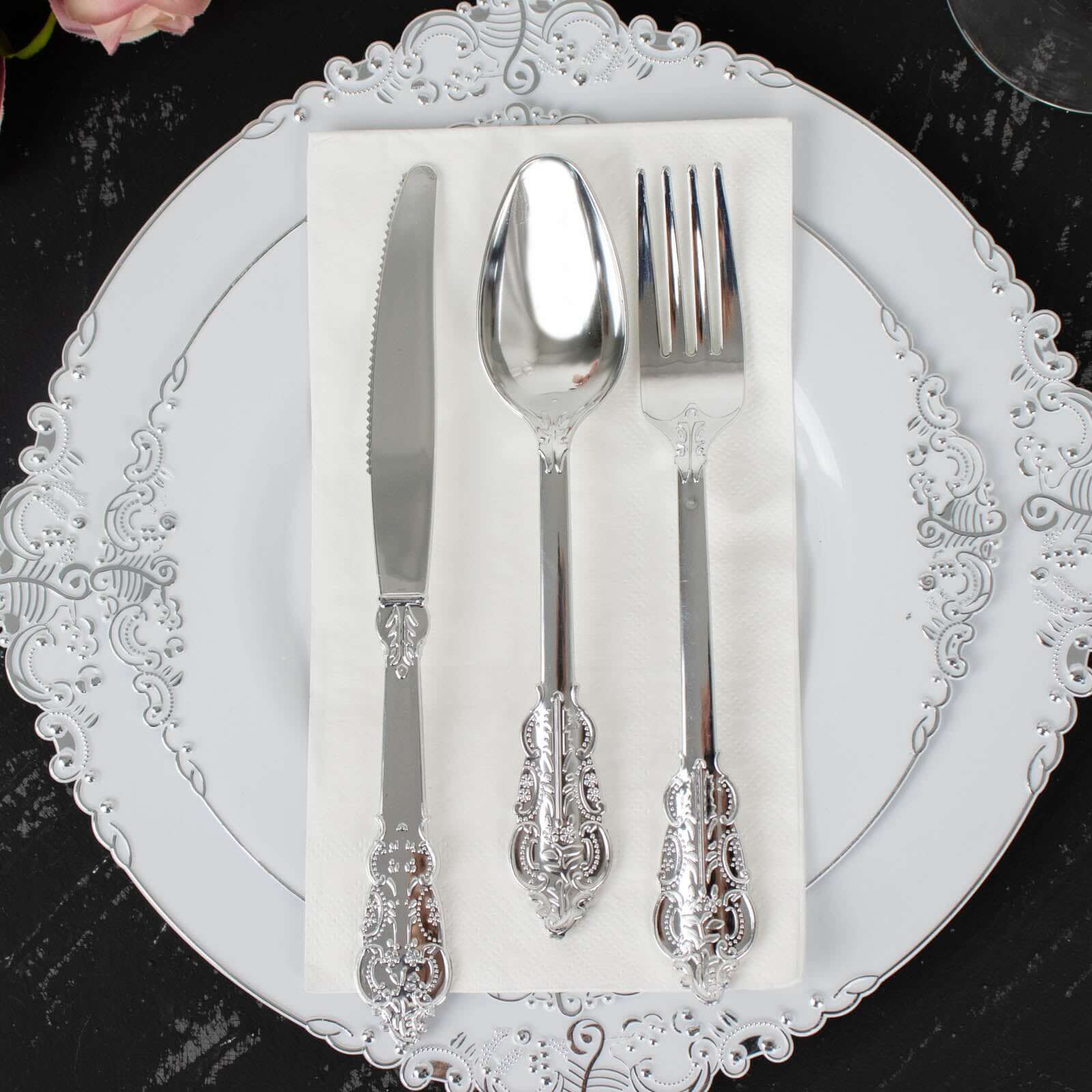 24 Pcs Plastic Silverware Set in Baroque Style Metallic Silver - Heavy Duty Disposable Knife, Fork, and Spoon Set - Linen Luxes