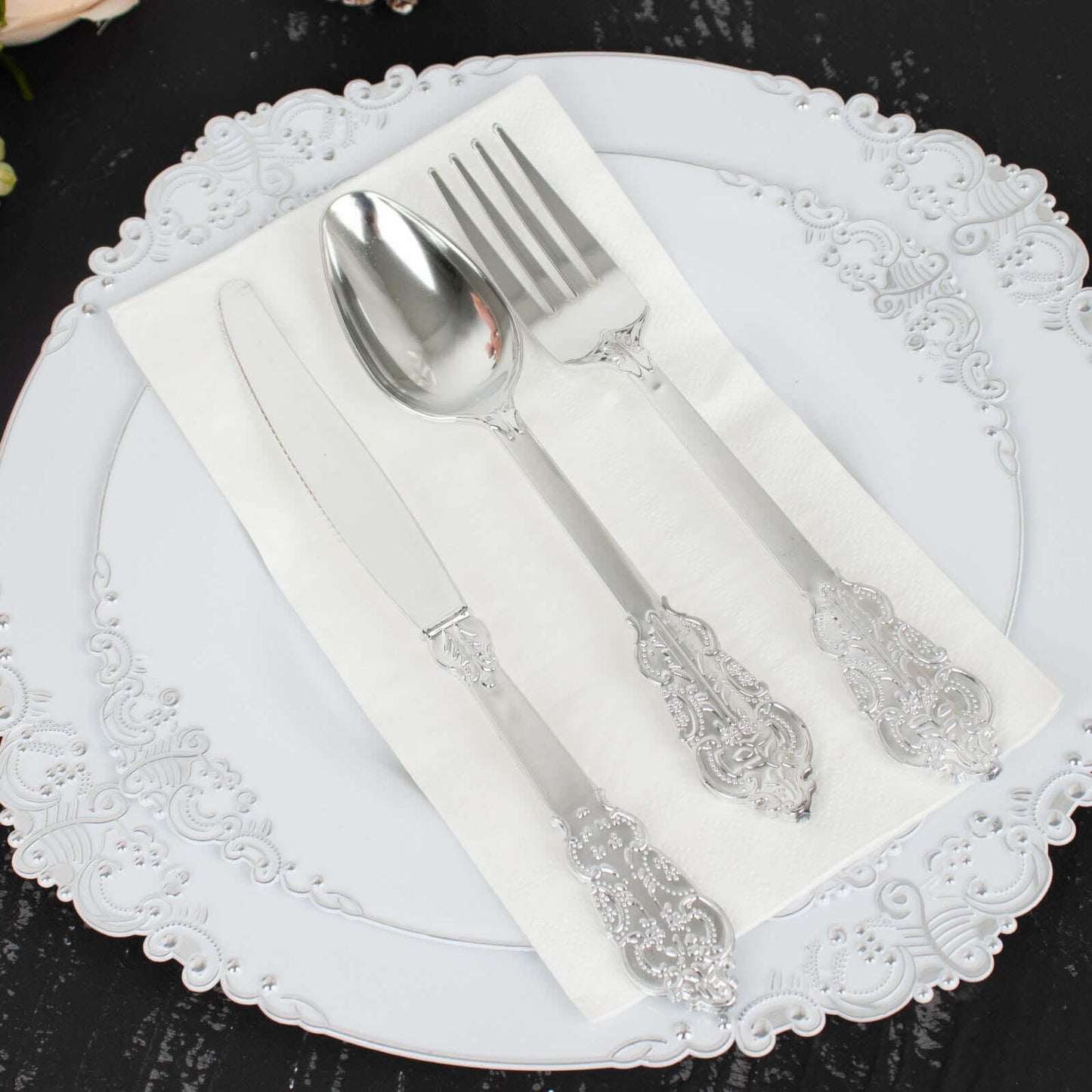 24 Pcs Plastic Silverware Set in Baroque Style Metallic Silver - Heavy Duty Disposable Knife, Fork, and Spoon Set - Linen Luxes