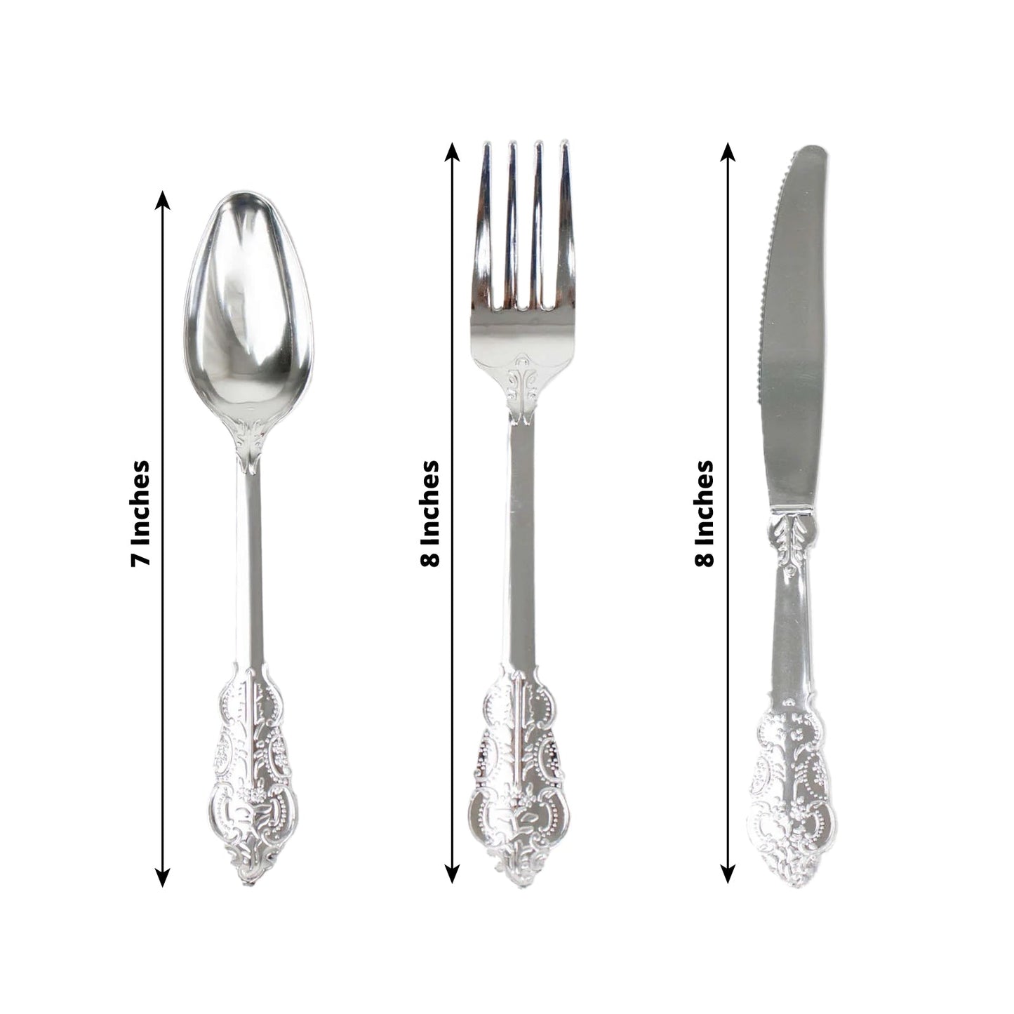 24 Pcs Plastic Silverware Set in Baroque Style Metallic Silver - Heavy Duty Disposable Knife, Fork, and Spoon Set - Linen Luxes