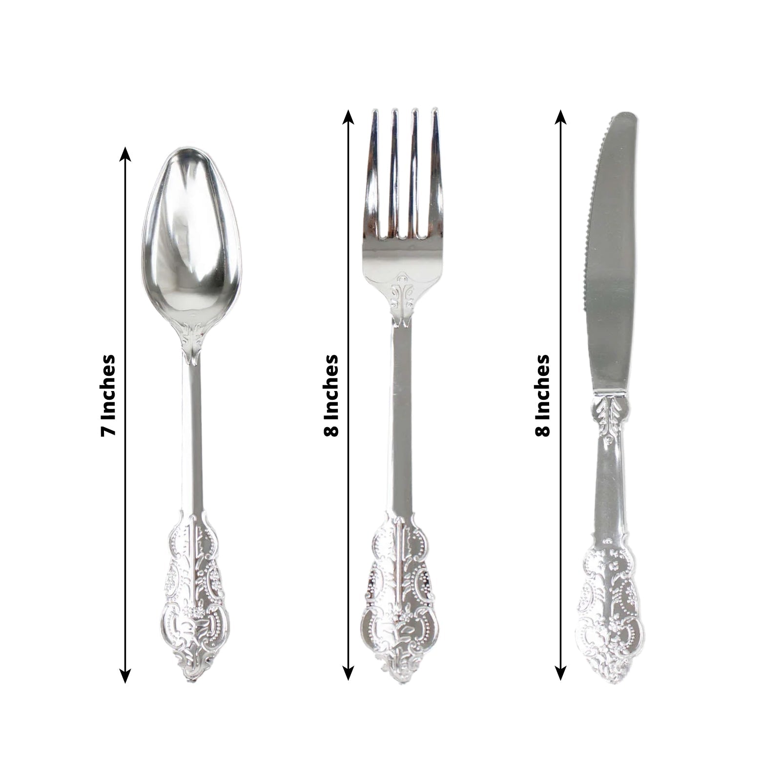 24 Pcs Plastic Silverware Set in Baroque Style Metallic Silver - Heavy Duty Disposable Knife, Fork, and Spoon Set - Linen Luxes