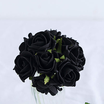 24 Roses 2" Black Artificial Foam Flowers With Stem Wire and Leaves - Linen Luxes