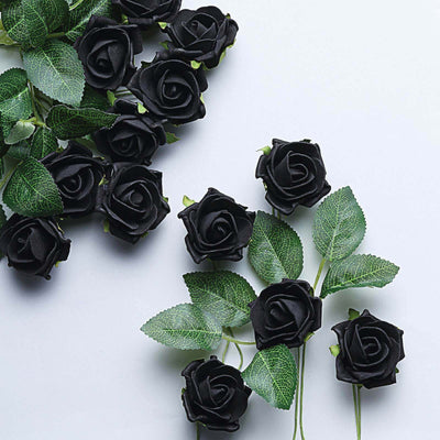 24 Roses 2" Black Artificial Foam Flowers With Stem Wire and Leaves - Linen Luxes