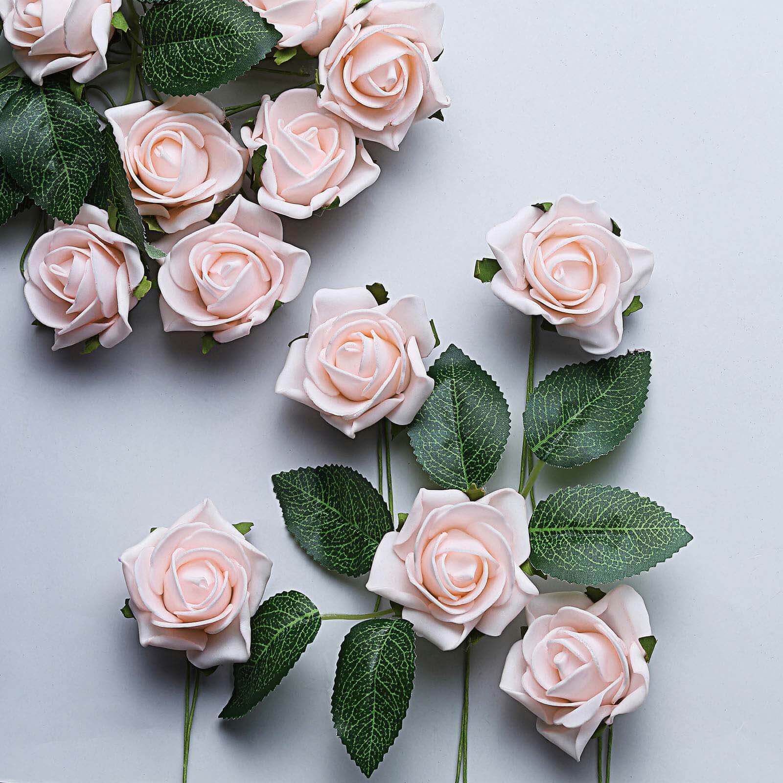 24 Roses 2" Blush Artificial Foam Flowers With Stem Wire and Leaves - Linen Luxes