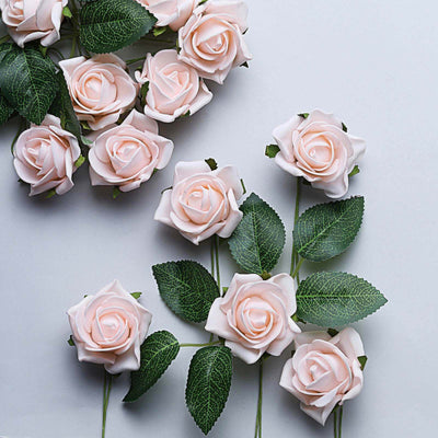 24 Roses 2" Blush Artificial Foam Flowers With Stem Wire and Leaves - Linen Luxes