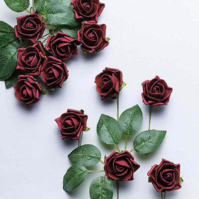 24 Roses 2" Burgundy Artificial Foam Flowers With Stem Wire and Leaves - Linen Luxes