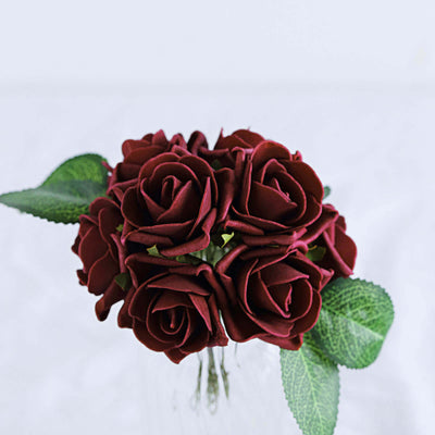 24 Roses 2" Burgundy Artificial Foam Flowers With Stem Wire and Leaves - Linen Luxes