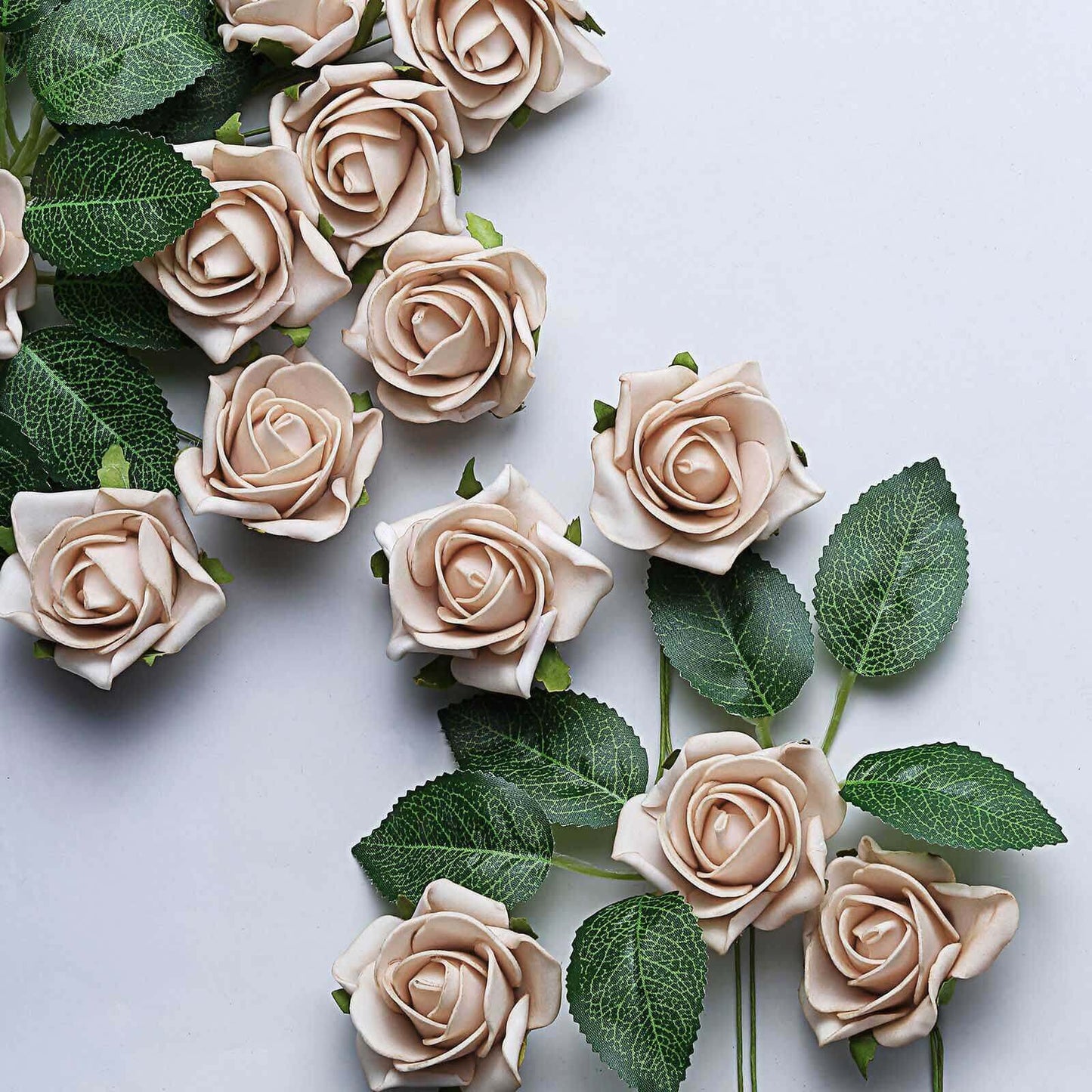 24 Roses 2" Champagne Artificial Foam Flowers With Stem Wire and Leaves - Linen Luxes